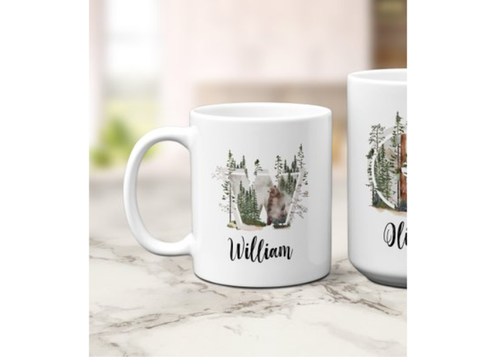 White Mug with Forest Art Detail and Monogram W