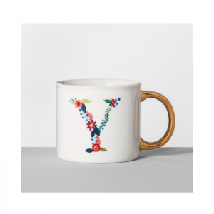White Mug Floral Monogram Letter Y with Gold Handle