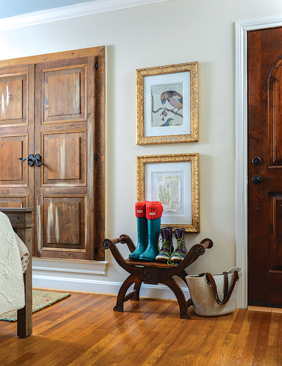 antique bench and gold gilded framed art