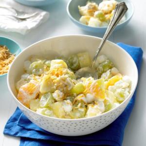 A fruit salad with pineapple, oranges, coconut, marshmallows, and vanilla yogurt.
