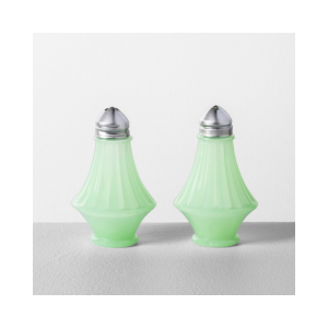 Jade, milk glass salt and pepper shaker with silver tops.