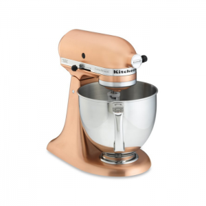 Copper finish Kitchen Aid standing mixer with silver bowl.