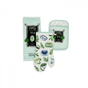 Light aqua colored tea time themed tea towel and oven mits.