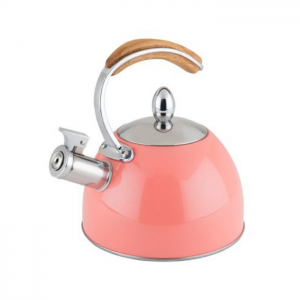 Salmon pink colored tea kettle with silver and wooden accents.