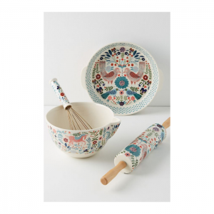 platter, mixing bowl, rolling pin and whisk designed in a colorful, whimsical pattern