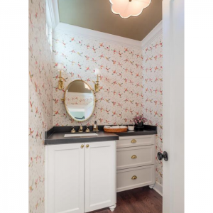 Wallpapered powder room with gold accented mirror and lighting fixture.