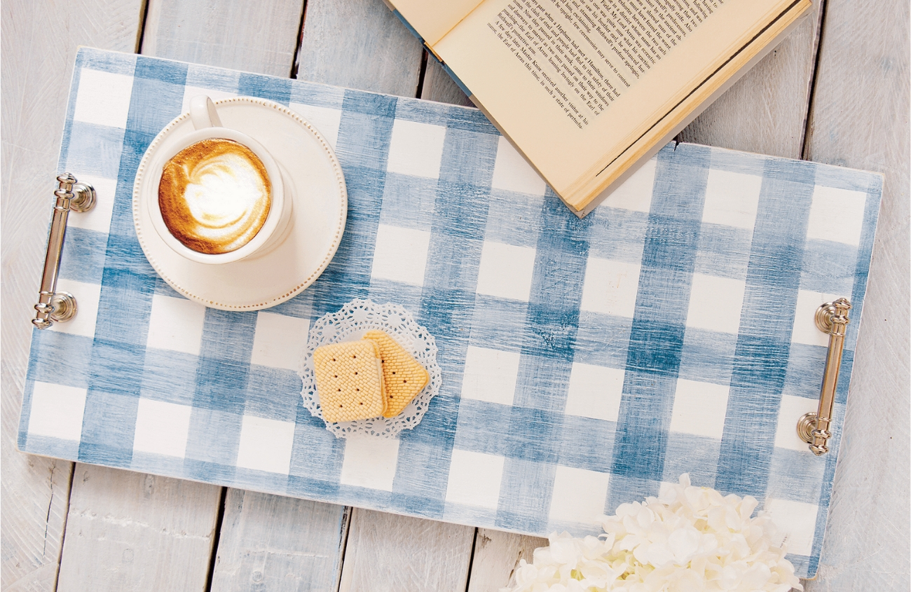 Lovely Blue and white gingham serving tray topped with an open book, tea sup and biscuits.