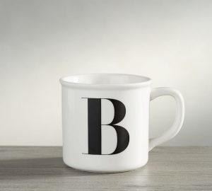 potterybarn B monogram mug with capital b in a serif font