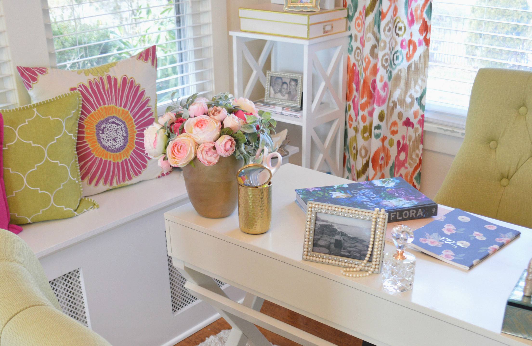 flowers and romantic accents in a home office