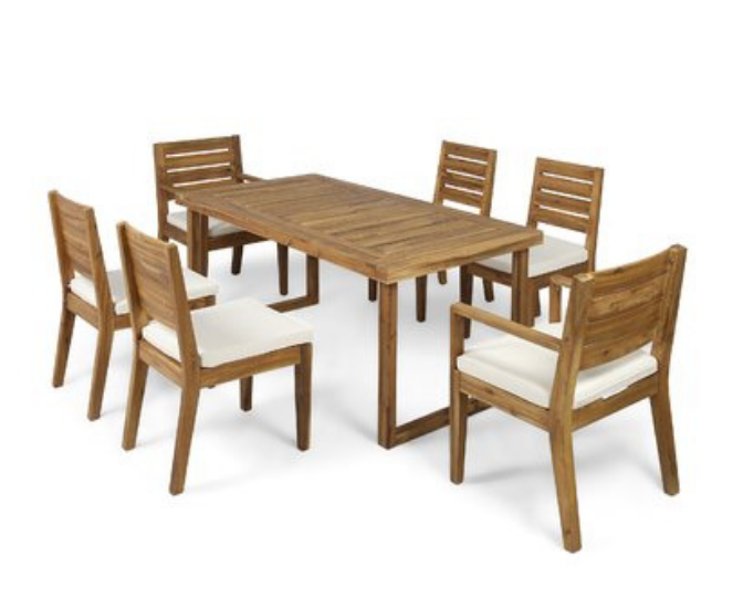 Wooden outdoor seating arrangement for 6 people on a white backdrop