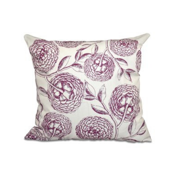 Cream colored outdoor throw pillow with burgundy sketched flowers