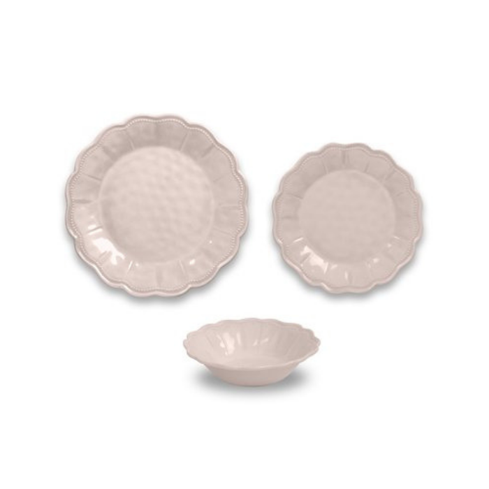 Blush colored dish set including dinner plate, salad plate and bowl