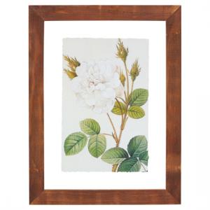 White rose artwork in a wooden frame.