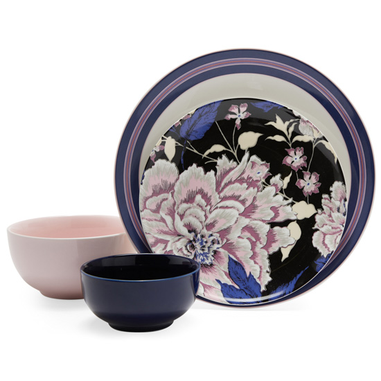 Four-piec dinnerware set with lavender, pink and navy hues.