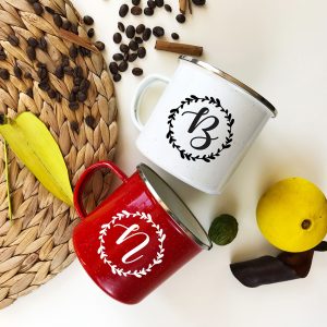 N monogrammed enamel camping mug