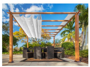 blue skies palm trees, wooden pergola and latticed outdoor seating