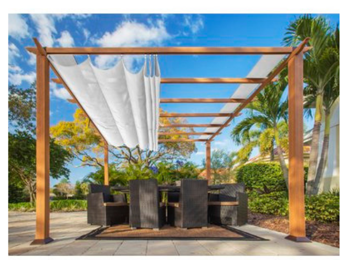 blue skies palm trees, wooden pergola and latticed outdoor seating