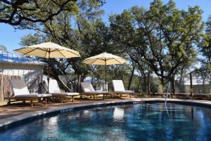 Cabana umbrellas and lounge chairs surrounding the pool, shaded by trees.