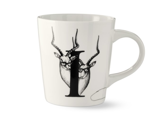 White Mug with Black Monogram Letter I and Gazelle Detail