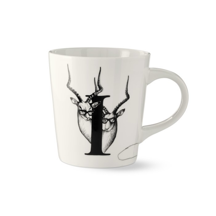 White Mug with Black Monogram Letter I and Gazelle Detail