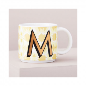 White Mug with Gold Letter M and Modern Yellow Design