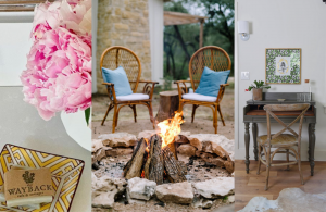 Collage of the Wayback Cafe and Cottages. Soap dish, bonfire and desk layout.