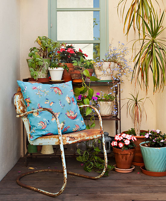 vintage patio chair and potted plants