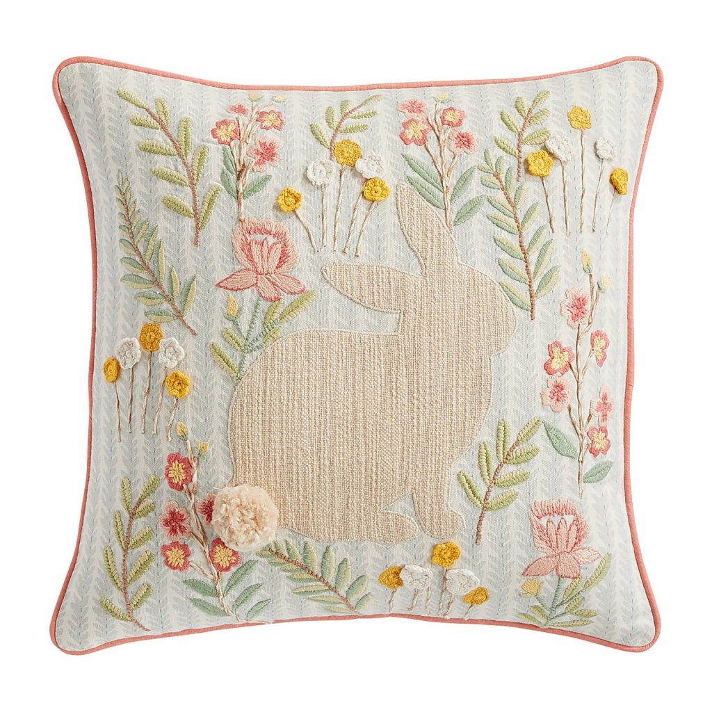 Garden patchwork bunny pillow with pink piping around the edge. 
