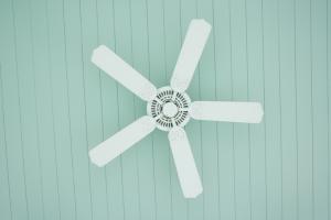 A white ceiling fan on a seafoam green ceiling.