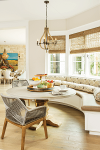 Modern farmhouse dining table with banquette seating