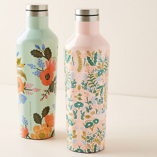 Two stainless steel water bottles with colorful floral design.
