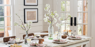 Jo's fresh tables cape for spring 2019 featuring light and bright table settings with white rustic dining table.