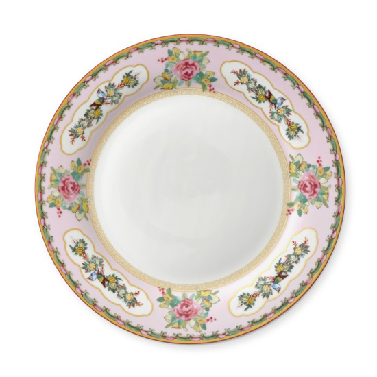 Formal dinner plate with pink and gold floral detail around the edge.