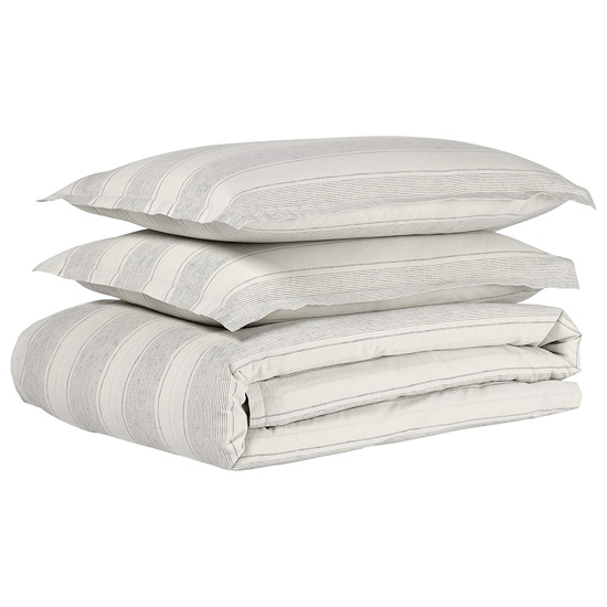 Stacked display of light gray and white striped duvet cover set.