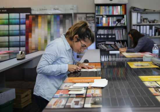 Girl looking intently at paint swatched and samples.