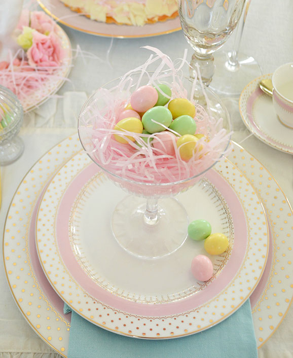 candy eggs in an elegant champagne glass