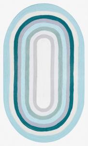 Oval shaped striped area rug with white rings and shades of blue.