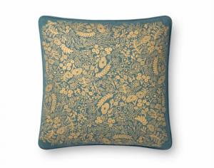 Teal colored pillow with gold embossed florals across the front.