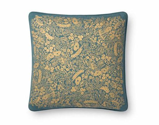 Teal colored pillow with gold embossed florals across the front.