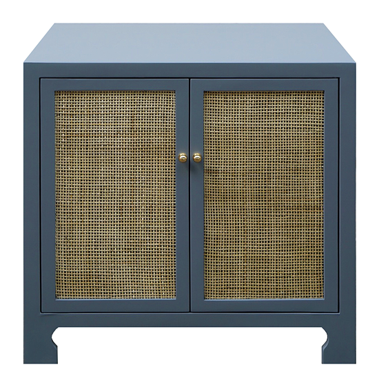 slate blue cabinet with woven door fronts