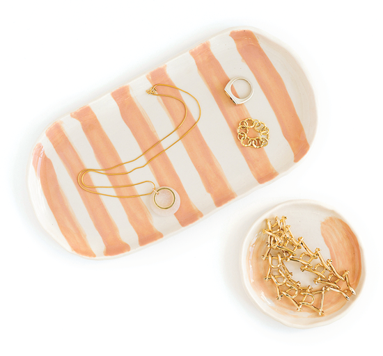 pink and white striped ceramic vanity tray and dish