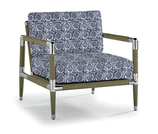 rope and chrome patio chair with blue and white pattern cushions
