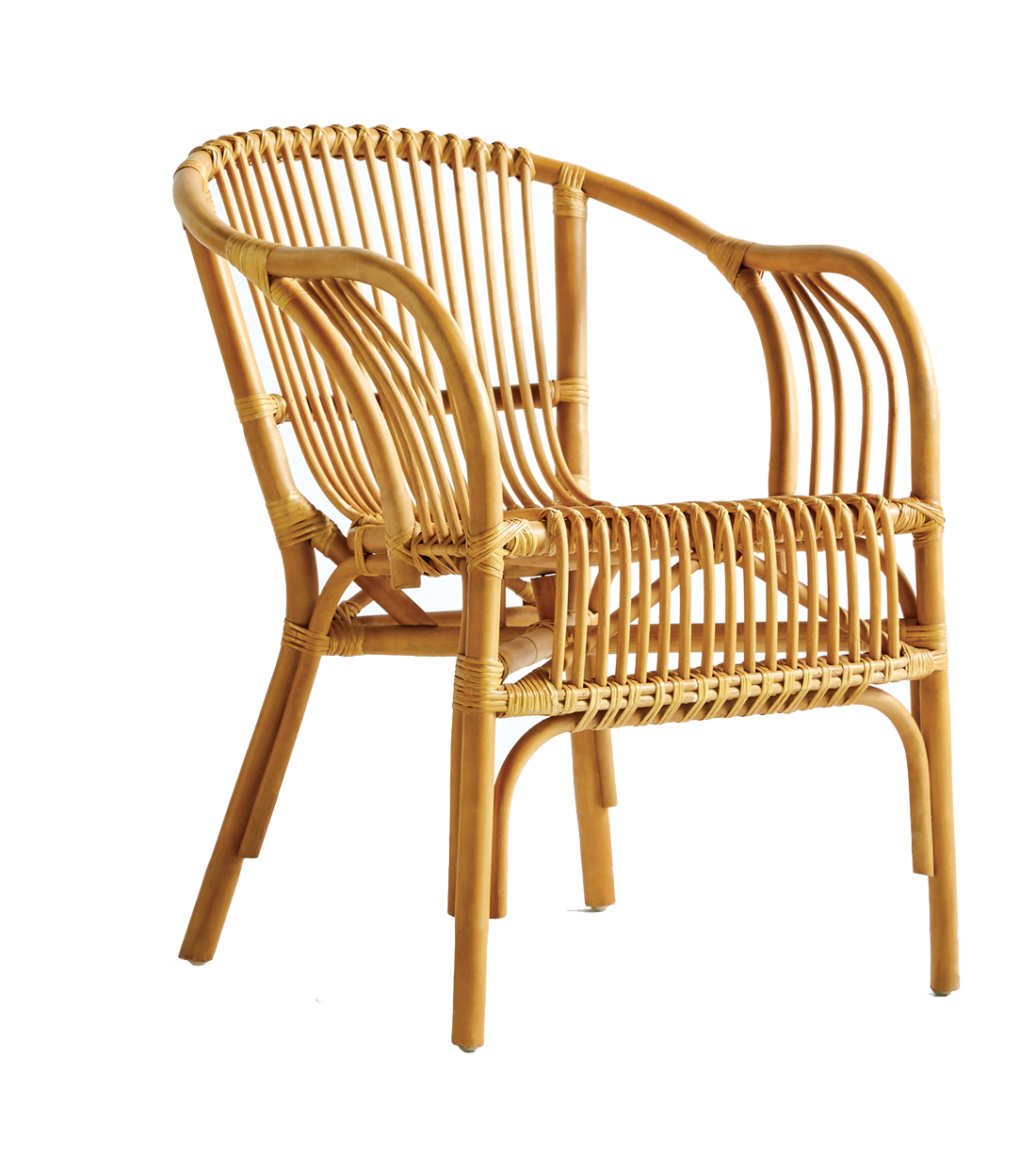 Rattan chair with arms.