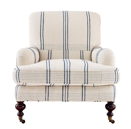 white and blue striped upholstered chair