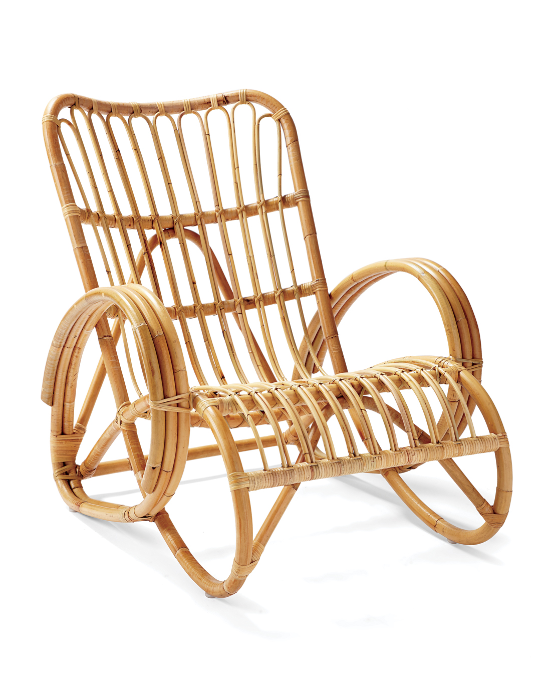 Rattan Chair with curvy edges, resembling a rocking chair.