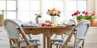 garden inspired french country table with roses, geraniums, lemons, wicker bistro chairs, roses, geramiums and rattan chargers