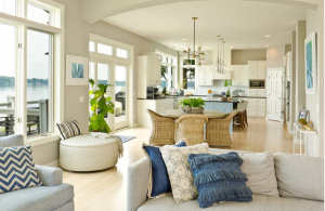 lake cottage cozy living area decorates with creams and blues