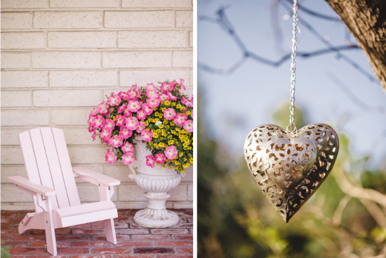 Pink adirondak chair on the brick porch and a light feature hanging from a tree. 