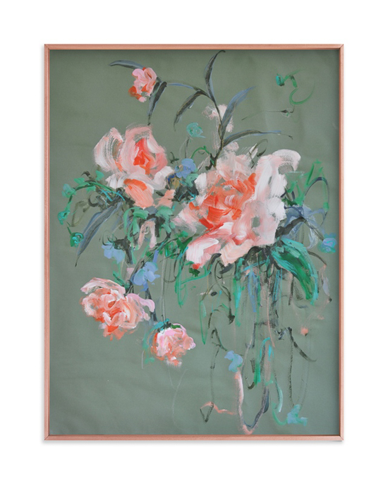 Framed art print of a pink and teal floral arrangement