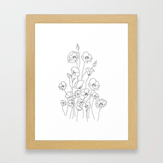 Line art of poppies in a wooden frame